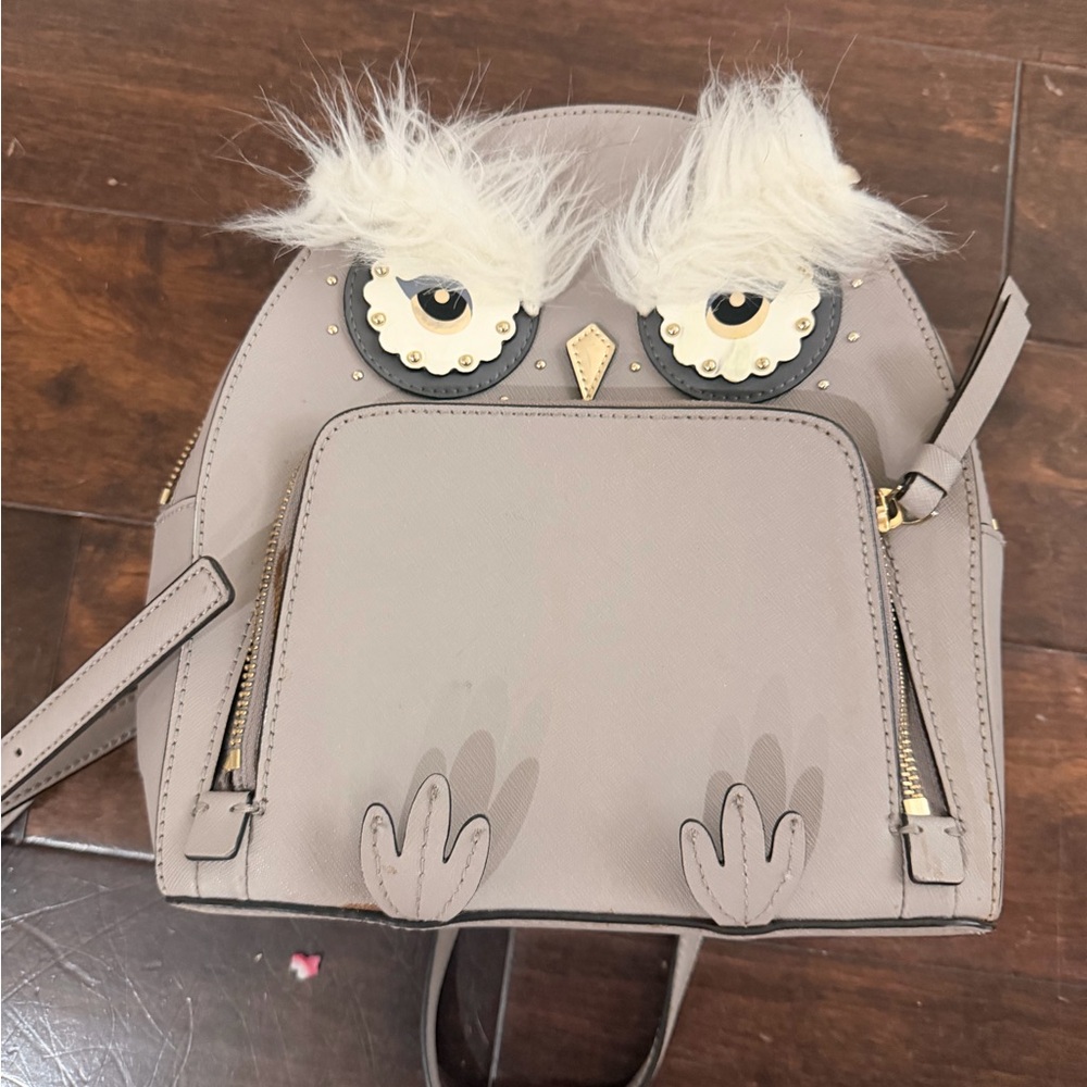 kate spade Taupe Owl Appliqué Mini Backpack with White Faux Fur